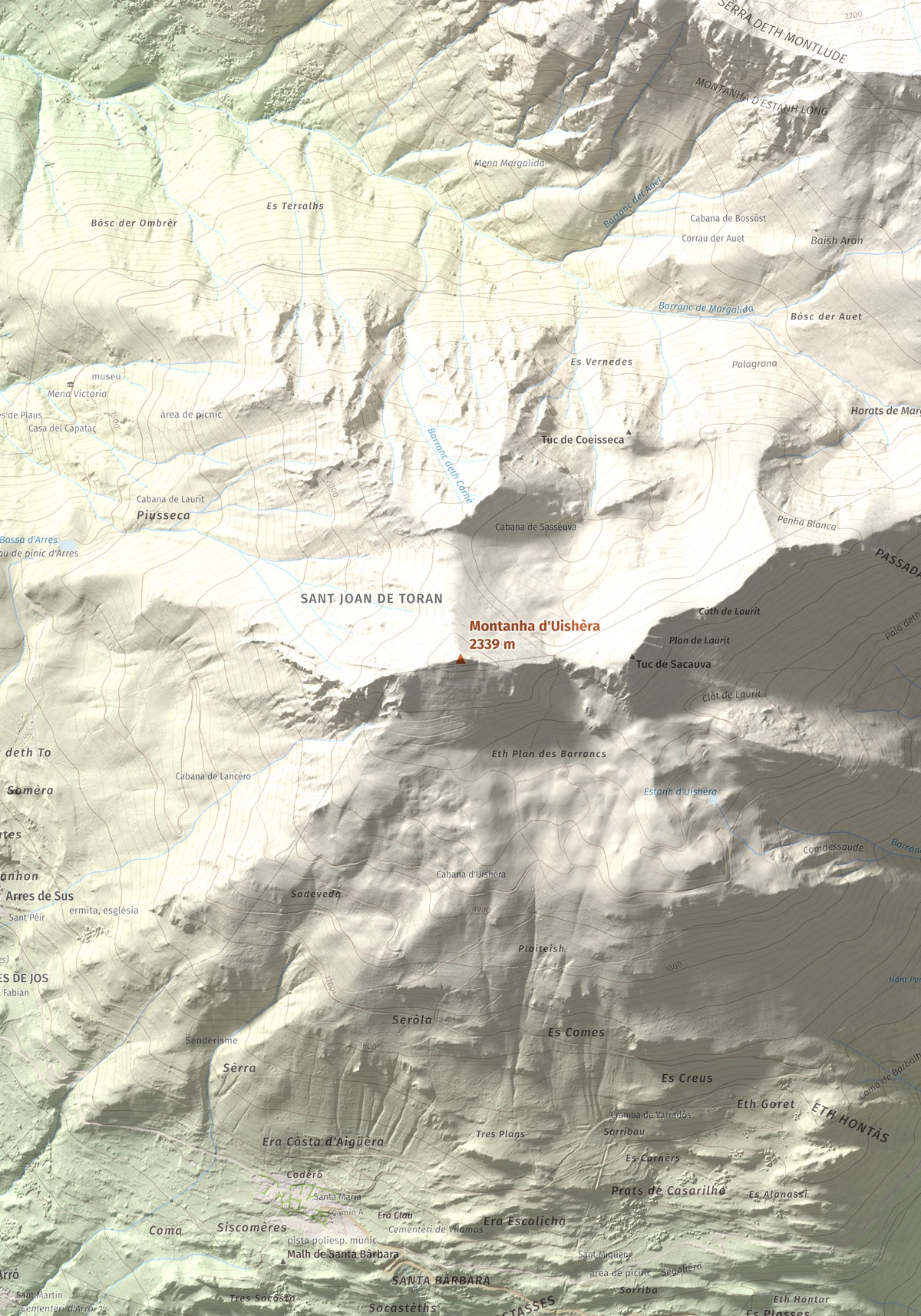Mapa de relieve de Montanha d'Uishèra, 2339 m, Val d'Aran, lámina 100 Cims de Trobart. Detalle de la zona central. 70 × 100 cm.