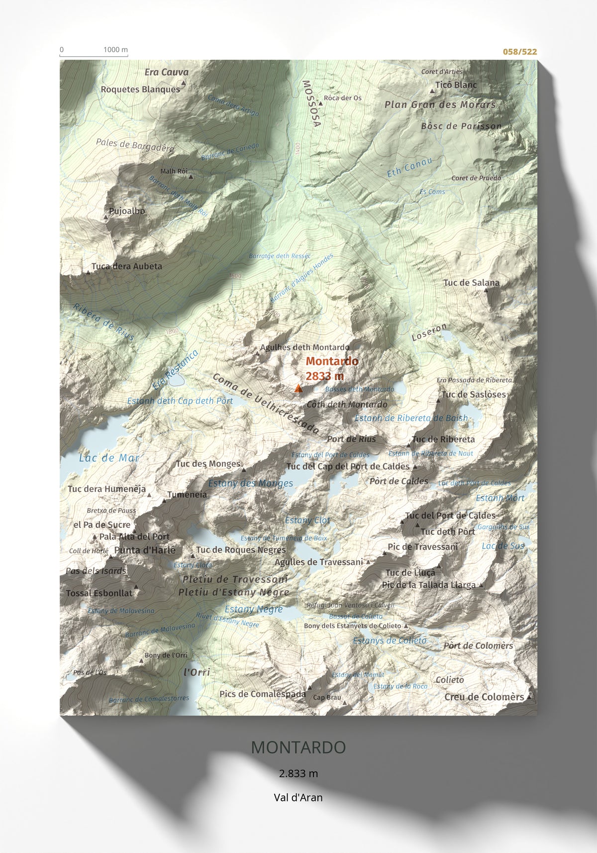 Mapa de relieve de Montardo, 2833 m, Val d'Aran, lámina 100 Cims de Trobart 21 × 30 cm.