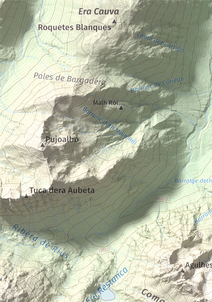 Mapa de relieve de Montardo, 2833 m, Val d'Aran, lámina 100 Cims de Trobart. Detalle de la zona superior izquierda. 21 × 30 cm.