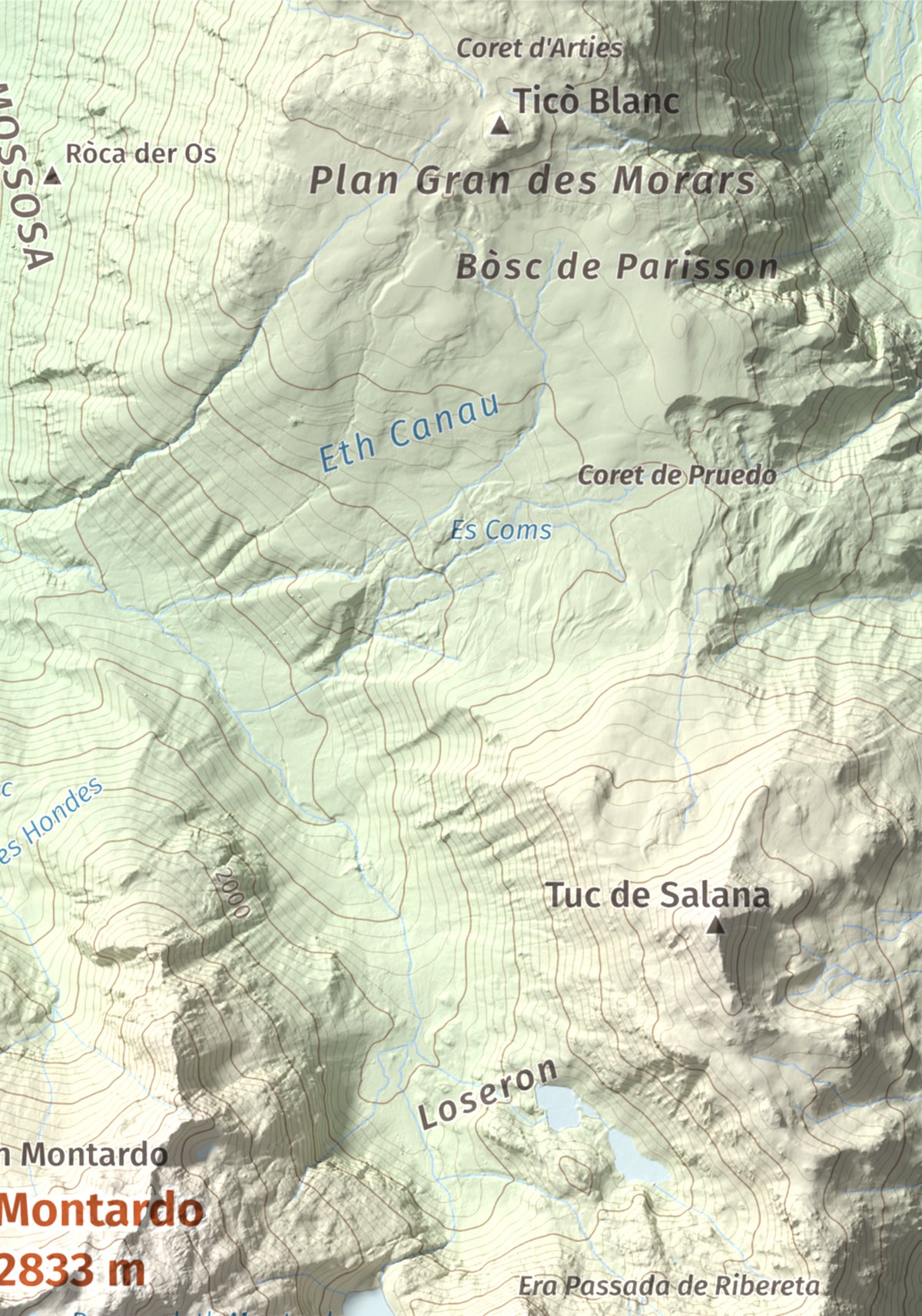 Mapa de relieve de Montardo, 2833 m, Val d'Aran, lámina 100 Cims de Trobart. Detalle de la zona superior derecha. 21 × 30 cm.
