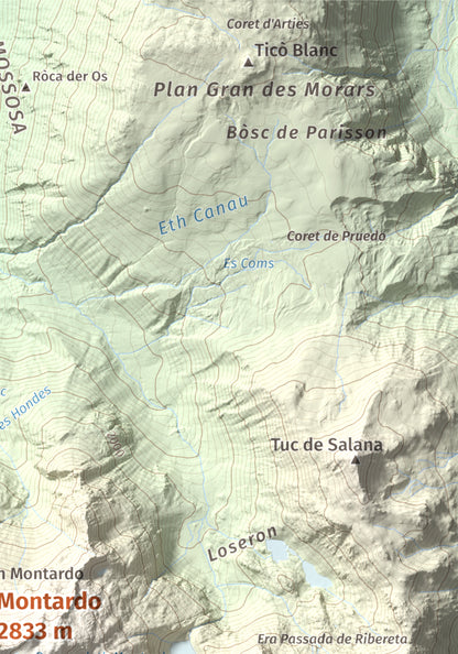 Mapa de relieve de Montardo, 2833 m, Val d'Aran, lámina 100 Cims de Trobart. Detalle de la zona superior derecha. 21 × 30 cm.