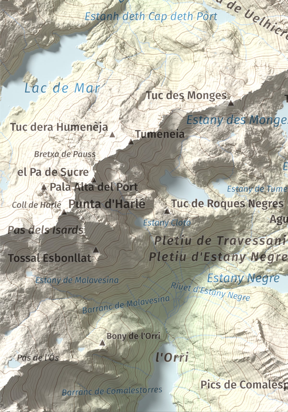 Mapa de relieve de Montardo, 2833 m, Val d'Aran, lámina 100 Cims de Trobart. Detalle de la zona inferior izquierda. 21 × 30 cm.