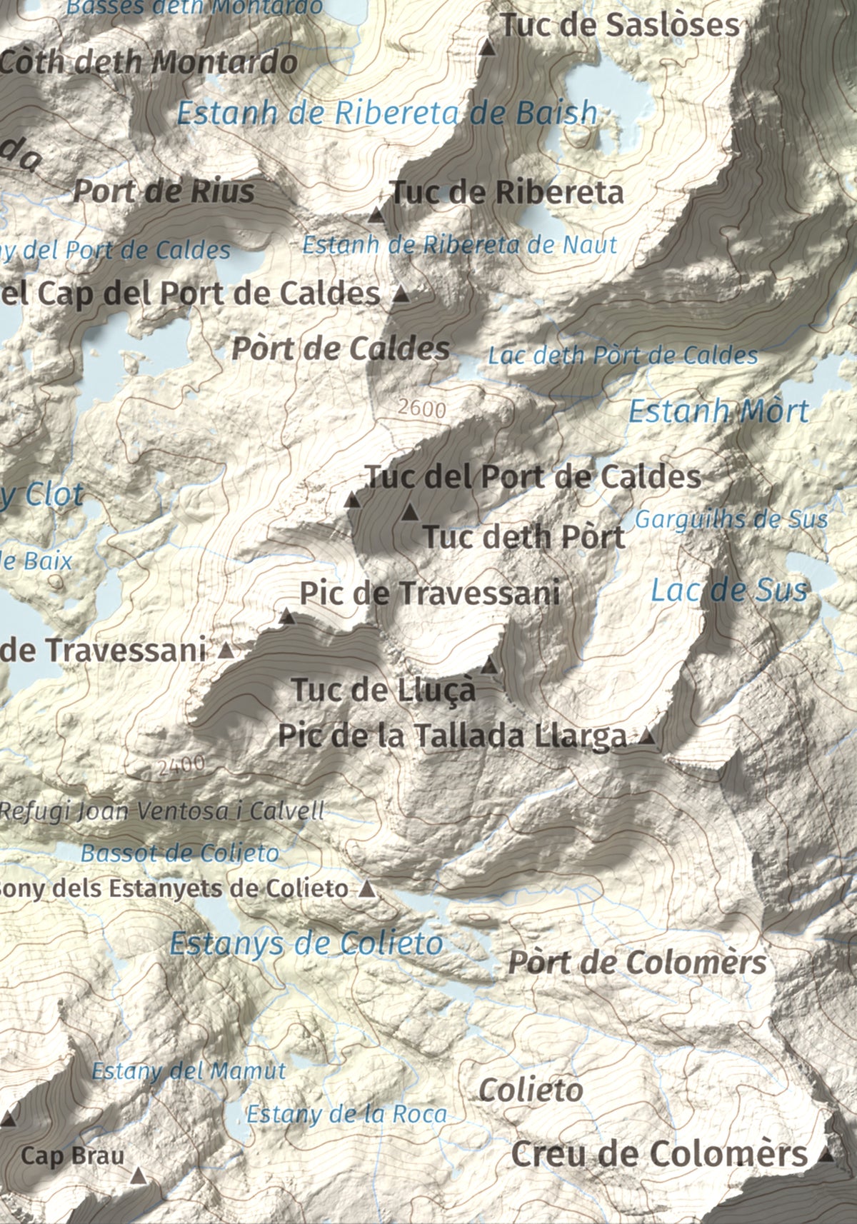 Mapa de relieve de Montardo, 2833 m, Val d'Aran, lámina 100 Cims de Trobart. Detalle de la zona inferior derecha. 21 × 30 cm.