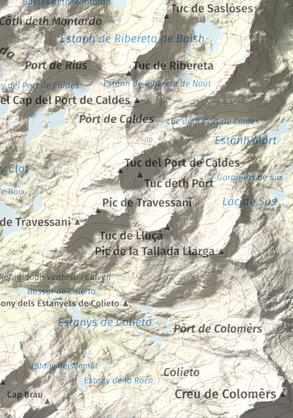 Mapa de relieve de Montardo, 2833 m, Val d'Aran, lámina 100 Cims de Trobart. Detalle de la zona inferior derecha. 21 × 30 cm.
