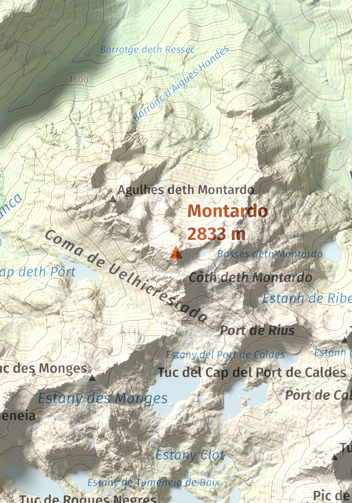 Mapa de relieve de Montardo, 2833 m, Val d'Aran, lámina 100 Cims de Trobart. Detalle de la zona central. 21 × 30 cm.