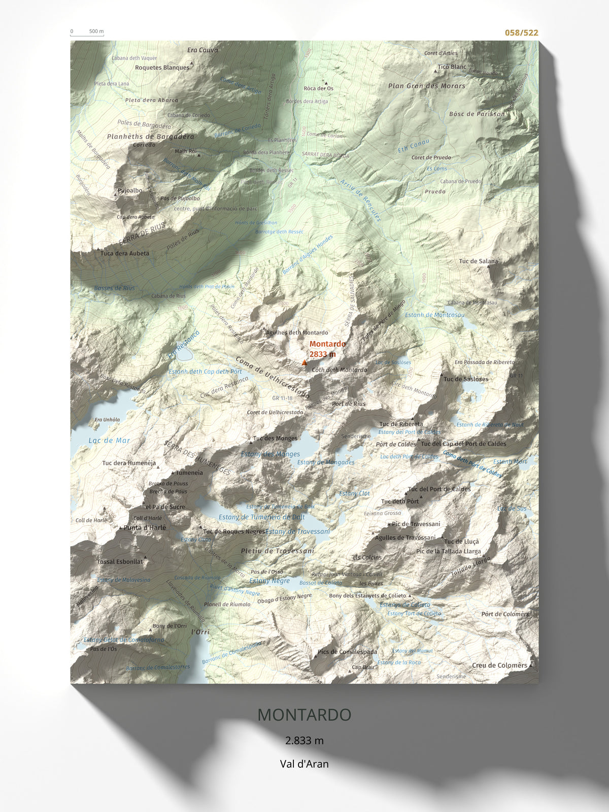 Mapa de relieve de Montardo, 2833 m, Val d'Aran, lámina 100 Cims de Trobart 30 × 40 cm.