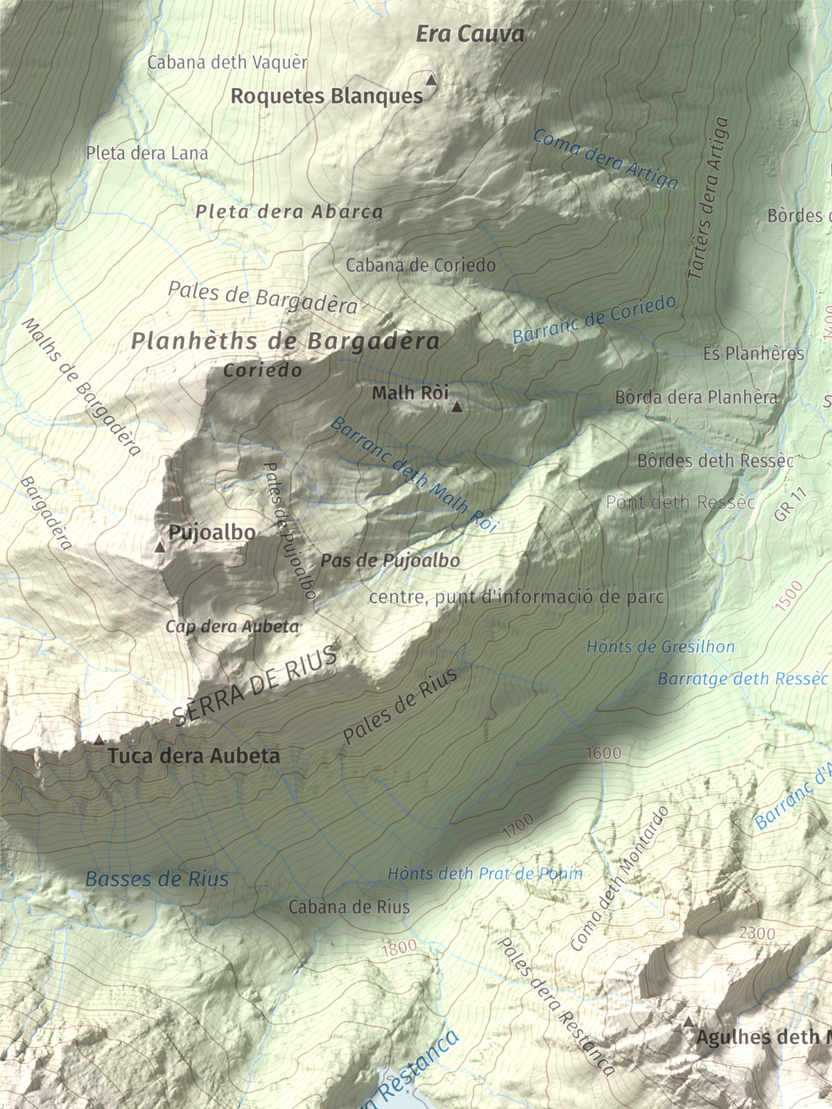 Mapa de relieve de Montardo, 2833 m, Val d'Aran, lámina 100 Cims de Trobart. Detalle de la zona superior izquierda. 30 × 40 cm.
