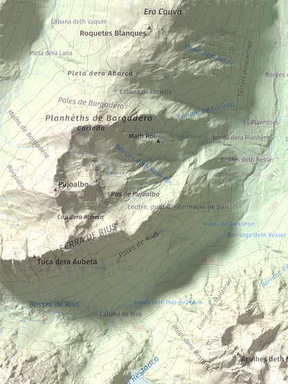 Mapa de relieve de Montardo, 2833 m, Val d'Aran, lámina 100 Cims de Trobart. Detalle de la zona superior izquierda. 30 × 40 cm.