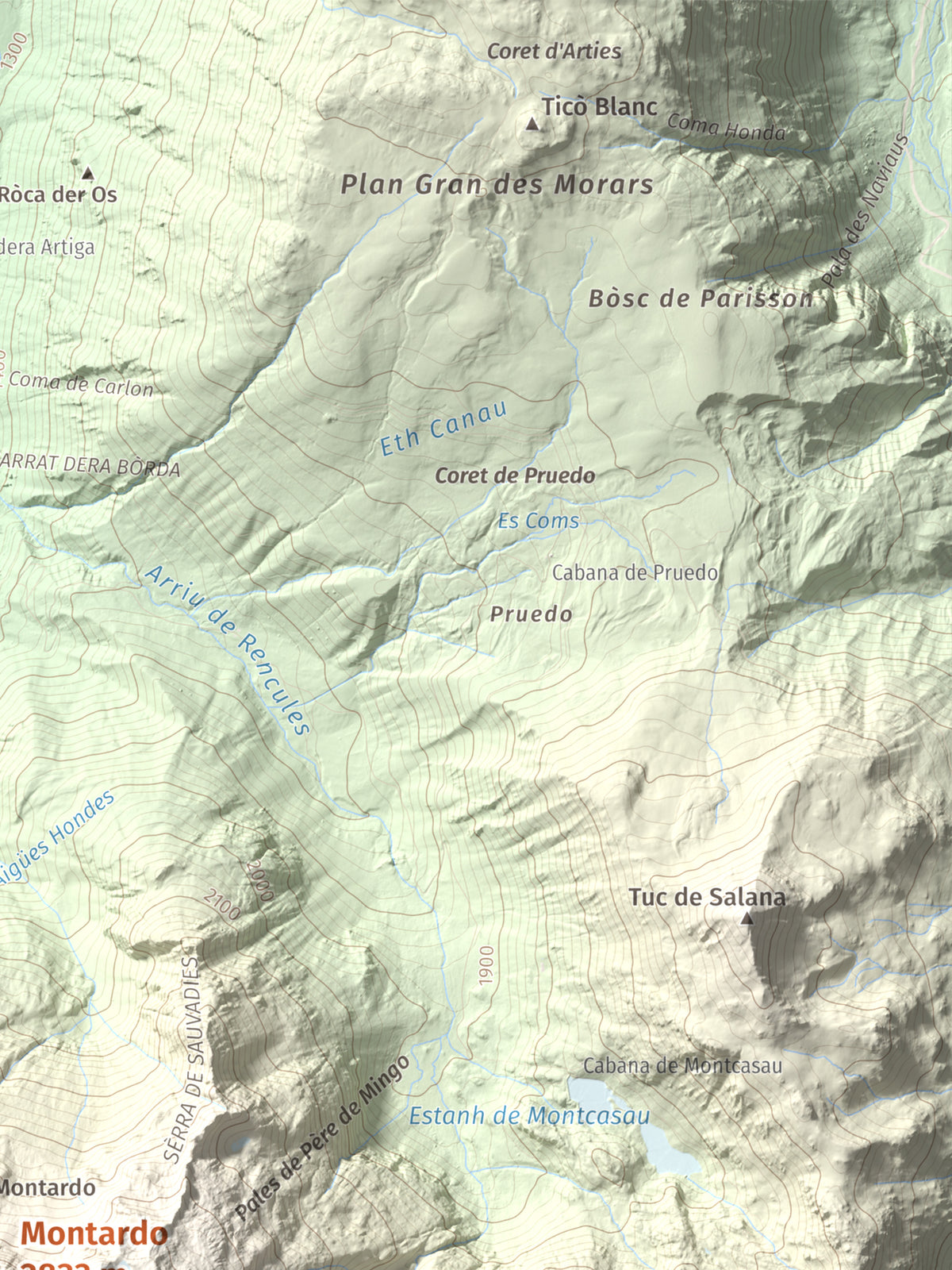 Mapa de relieve de Montardo, 2833 m, Val d'Aran, lámina 100 Cims de Trobart. Detalle de la zona superior derecha. 30 × 40 cm.