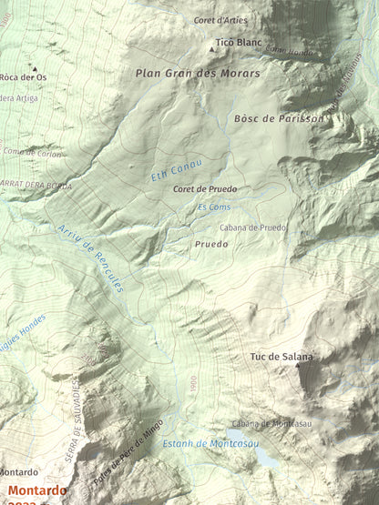 Mapa de relieve de Montardo, 2833 m, Val d'Aran, lámina 100 Cims de Trobart. Detalle de la zona superior derecha. 30 × 40 cm.