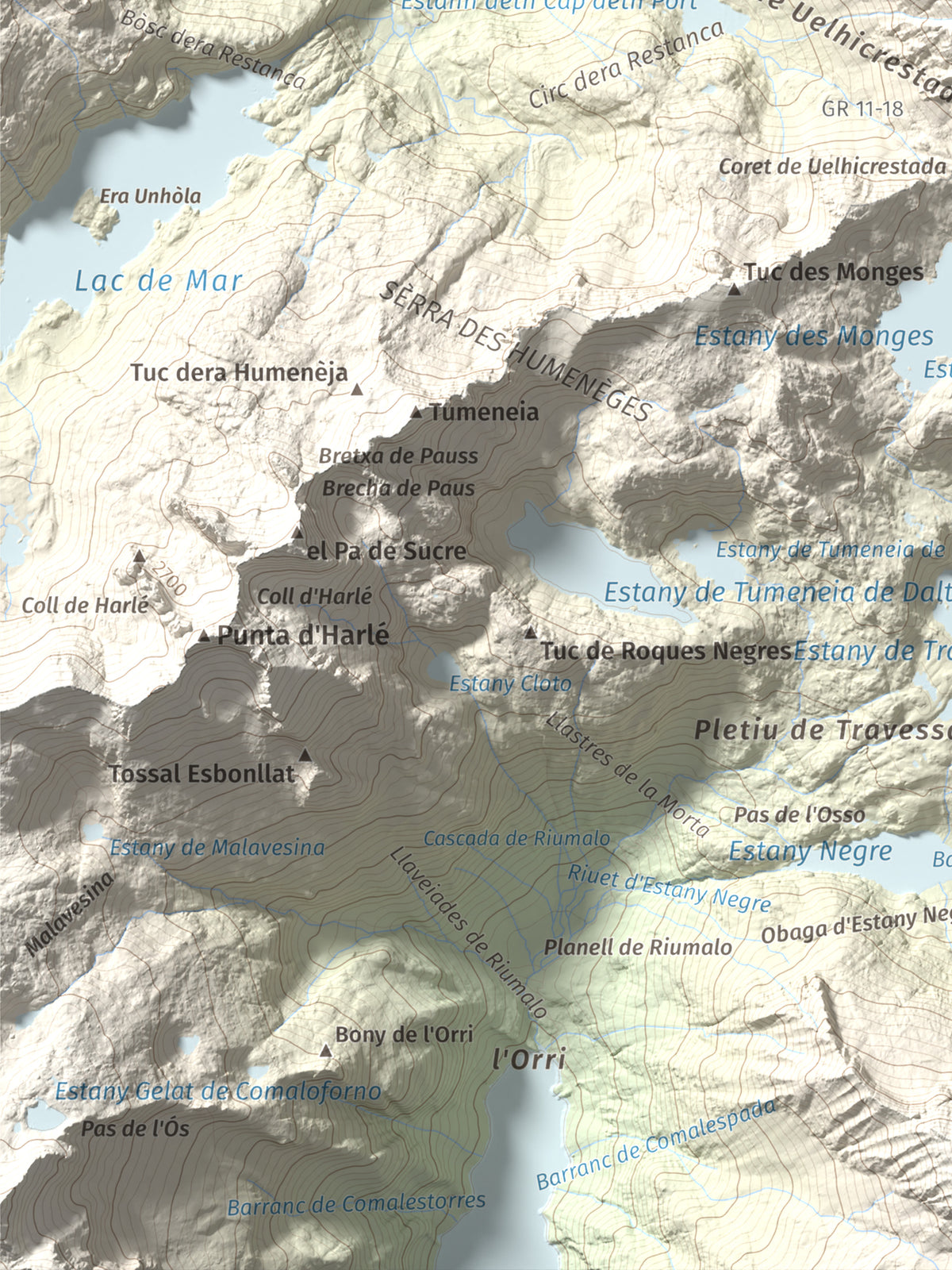 Mapa de relieve de Montardo, 2833 m, Val d'Aran, lámina 100 Cims de Trobart. Detalle de la zona inferior izquierda. 30 × 40 cm.