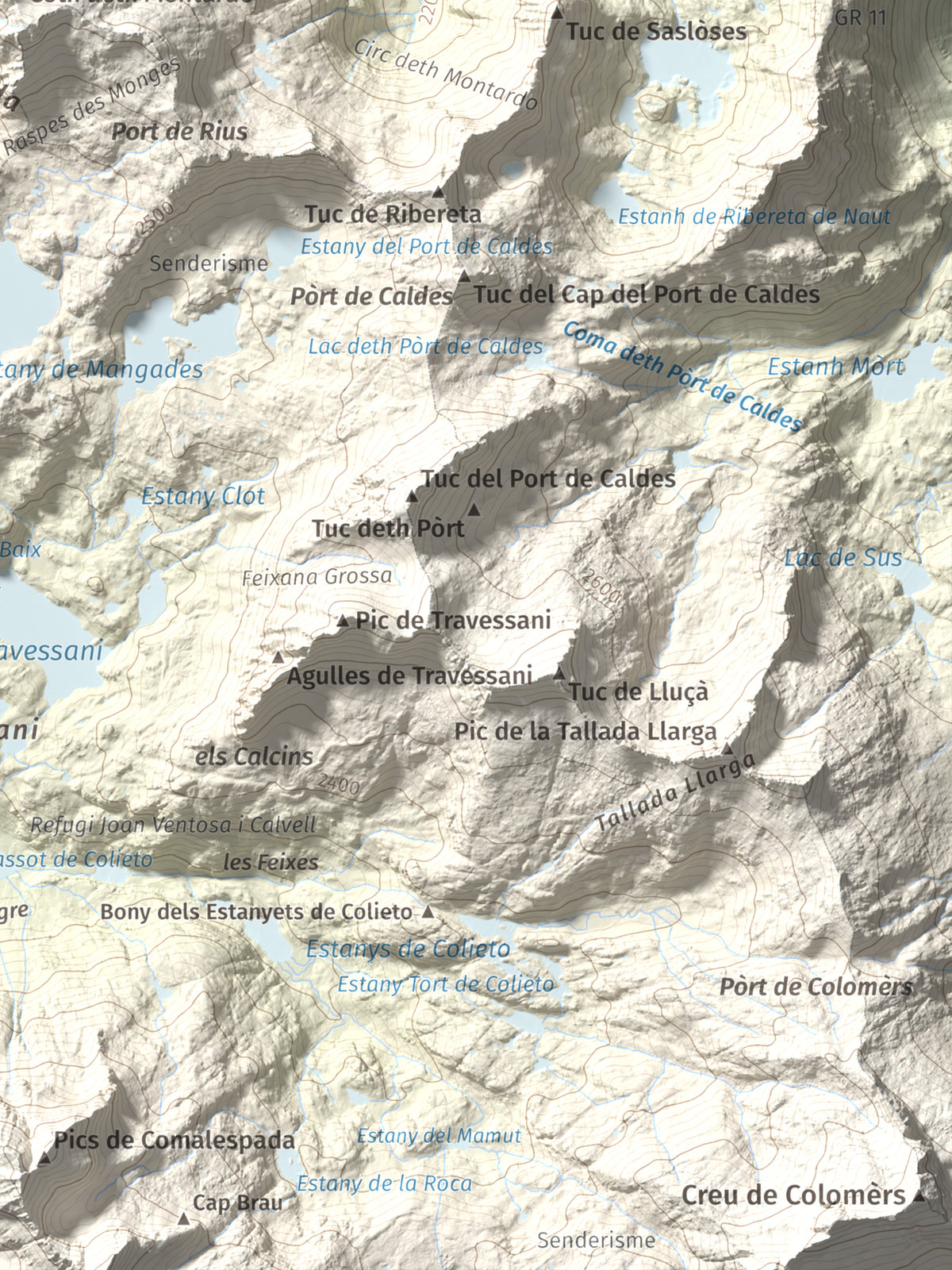 Mapa de relieve de Montardo, 2833 m, Val d'Aran, lámina 100 Cims de Trobart. Detalle de la zona inferior derecha. 30 × 40 cm.