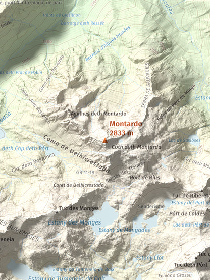 Mapa de relieve de Montardo, 2833 m, Val d'Aran, lámina 100 Cims de Trobart. Detalle de la zona central. 30 × 40 cm.