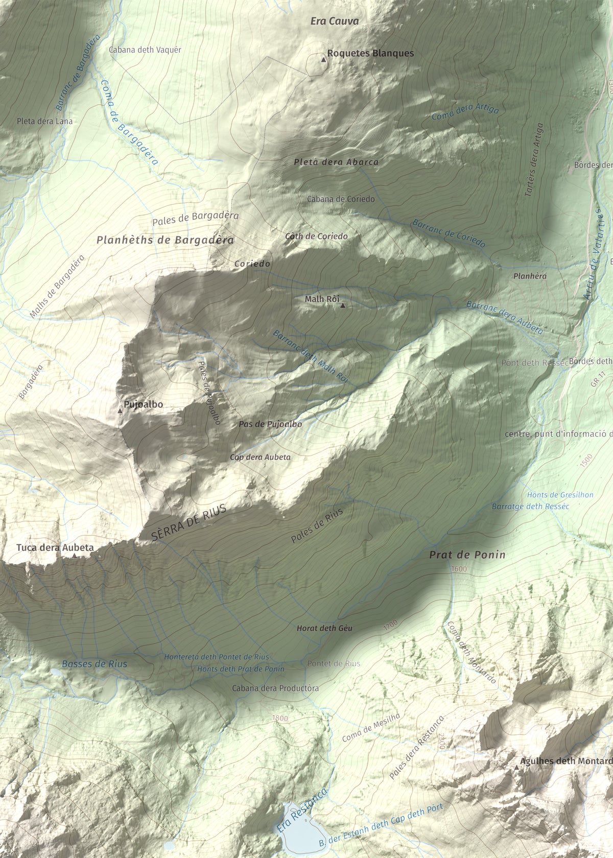 Mapa de relieve de Montardo, 2833 m, Val d'Aran, lámina 100 Cims de Trobart. Detalle de la zona superior izquierda. 50 × 70 cm.