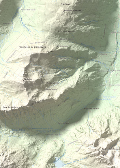 Mapa de relieve de Montardo, 2833 m, Val d'Aran, lámina 100 Cims de Trobart. Detalle de la zona superior izquierda. 50 × 70 cm.