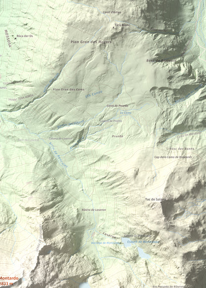 Mapa de relieve de Montardo, 2833 m, Val d'Aran, lámina 100 Cims de Trobart. Detalle de la zona superior derecha. 50 × 70 cm.