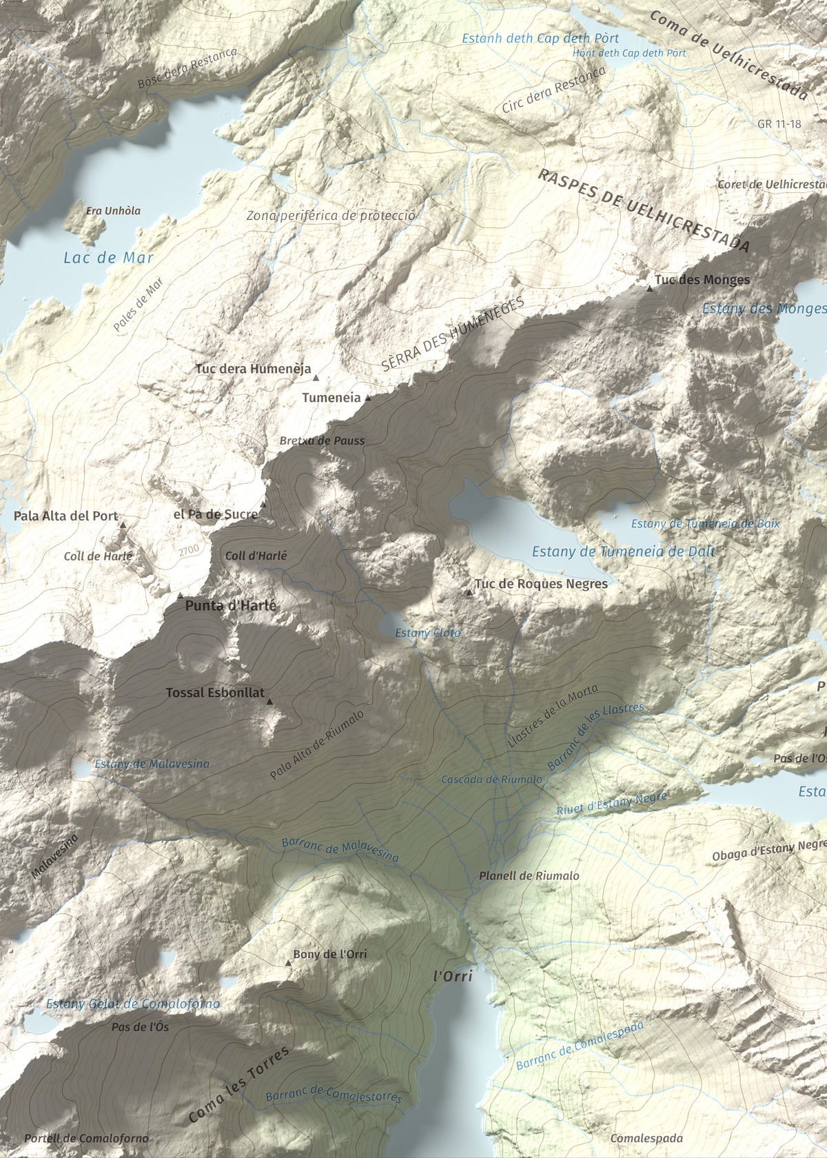 Mapa de relieve de Montardo, 2833 m, Val d'Aran, lámina 100 Cims de Trobart. Detalle de la zona inferior izquierda. 50 × 70 cm.