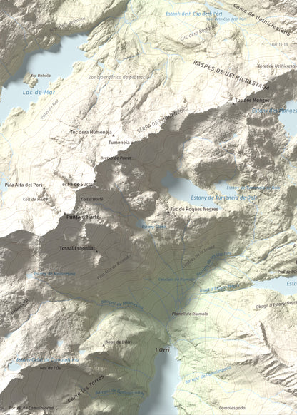 Mapa de relieve de Montardo, 2833 m, Val d'Aran, lámina 100 Cims de Trobart. Detalle de la zona inferior izquierda. 50 × 70 cm.