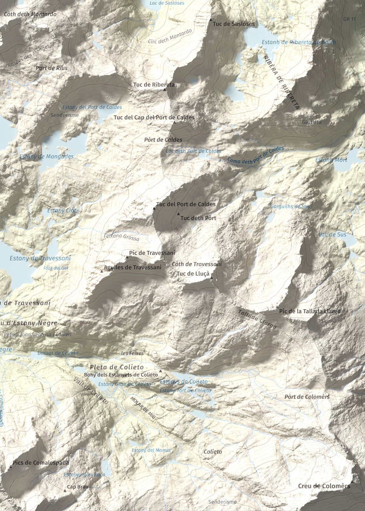 Mapa de relieve de Montardo, 2833 m, Val d'Aran, lámina 100 Cims de Trobart. Detalle de la zona inferior derecha. 50 × 70 cm.