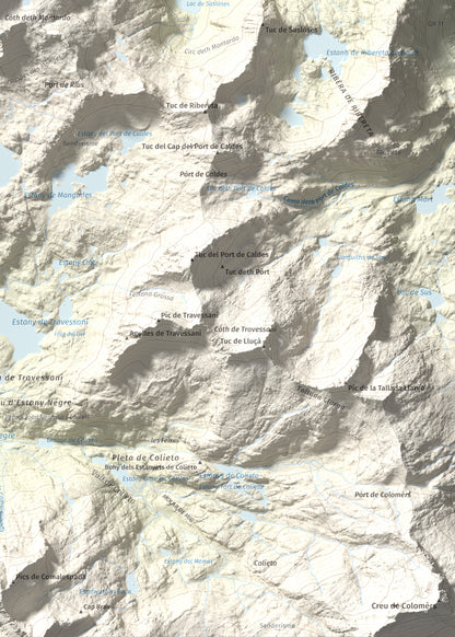 Mapa de relieve de Montardo, 2833 m, Val d'Aran, lámina 100 Cims de Trobart. Detalle de la zona inferior derecha. 50 × 70 cm.