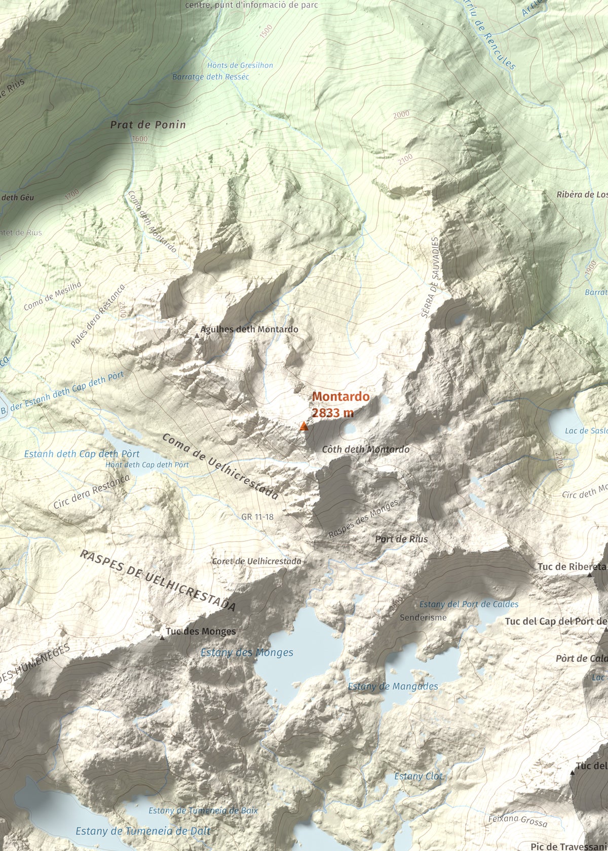 Mapa de relieve de Montardo, 2833 m, Val d'Aran, lámina 100 Cims de Trobart. Detalle de la zona central. 50 × 70 cm.