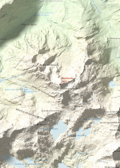 Mapa de relieve de Montardo, 2833 m, Val d'Aran, lámina 100 Cims de Trobart. Detalle de la zona central. 50 × 70 cm.