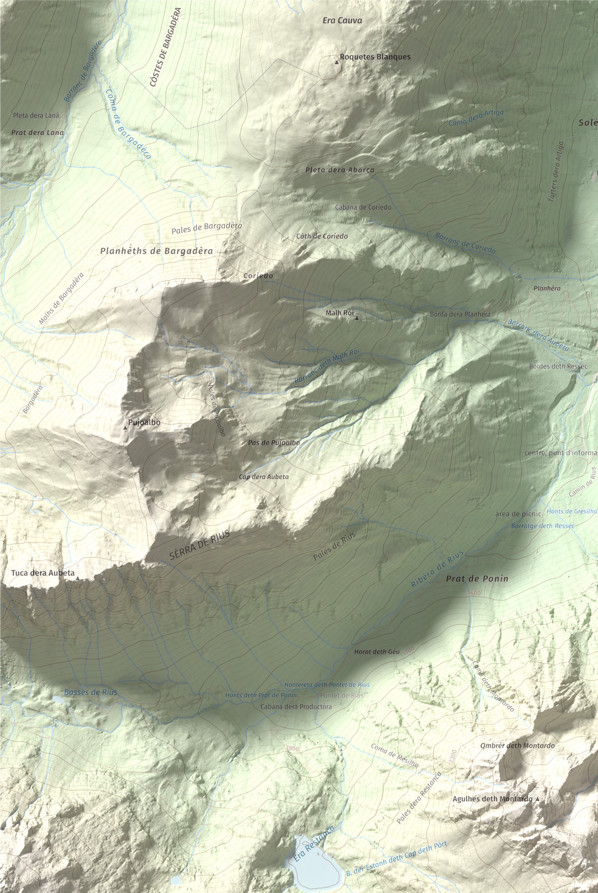 Mapa de relieve de Montardo, 2833 m, Val d'Aran, lámina 100 Cims de Trobart. Detalle de la zona superior izquierda. 61 × 91 cm.