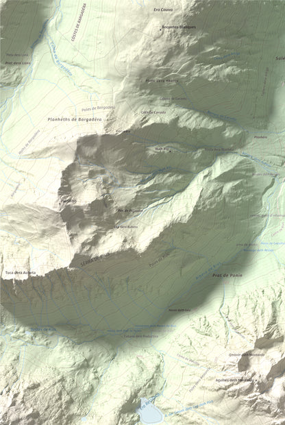 Mapa de relieve de Montardo, 2833 m, Val d'Aran, lámina 100 Cims de Trobart. Detalle de la zona superior izquierda. 61 × 91 cm.
