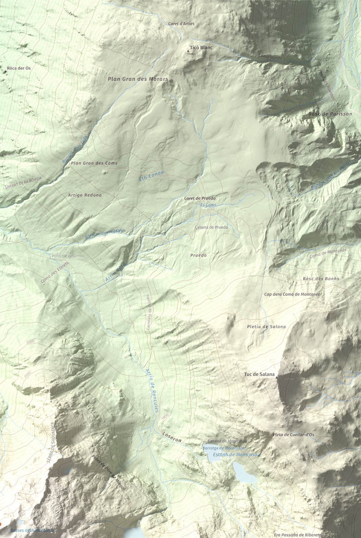 Mapa de relieve de Montardo, 2833 m, Val d'Aran, lámina 100 Cims de Trobart. Detalle de la zona superior derecha. 61 × 91 cm.