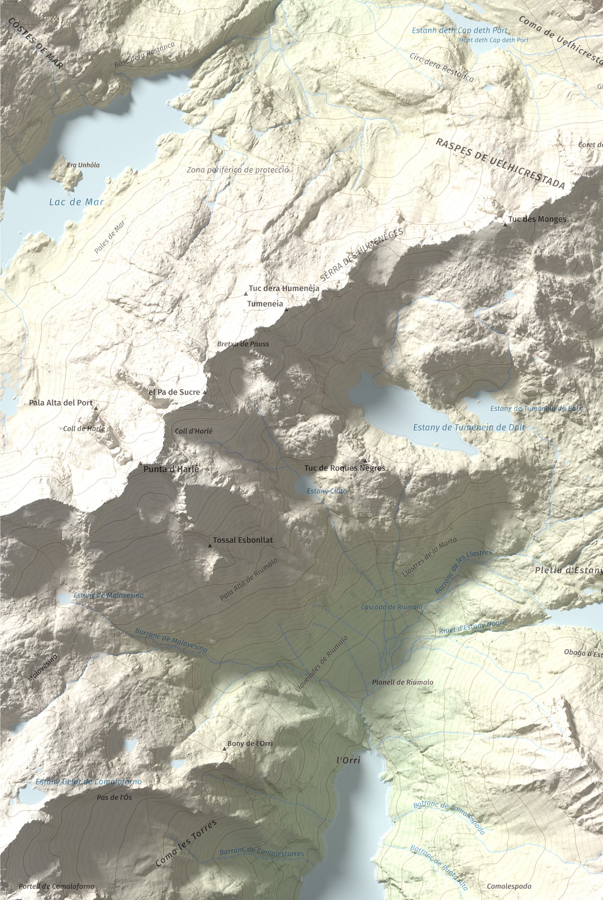 Mapa de relieve de Montardo, 2833 m, Val d'Aran, lámina 100 Cims de Trobart. Detalle de la zona inferior izquierda. 61 × 91 cm.