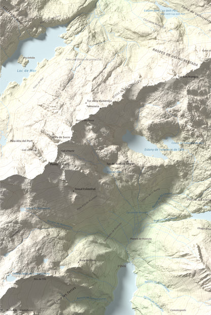 Mapa de relieve de Montardo, 2833 m, Val d'Aran, lámina 100 Cims de Trobart. Detalle de la zona inferior izquierda. 61 × 91 cm.