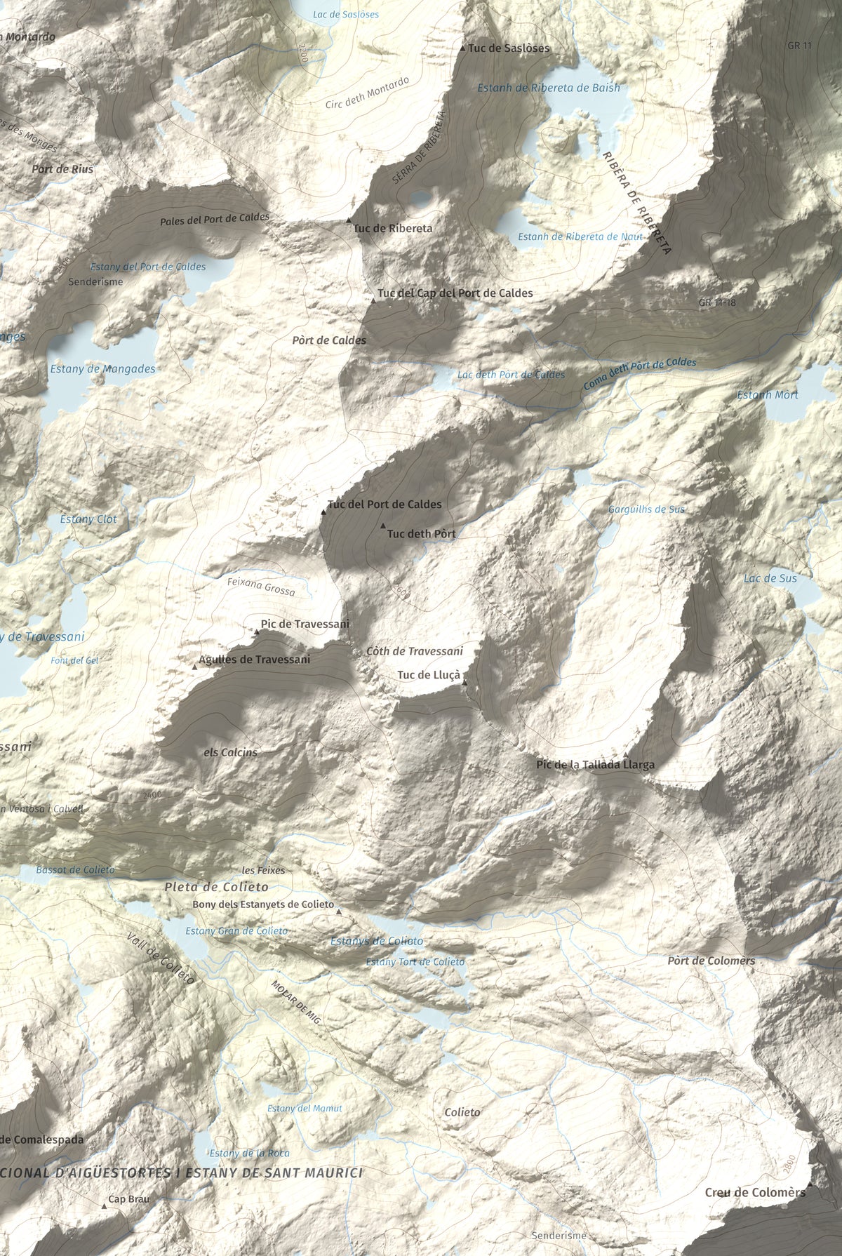 Mapa de relieve de Montardo, 2833 m, Val d'Aran, lámina 100 Cims de Trobart. Detalle de la zona inferior derecha. 61 × 91 cm.