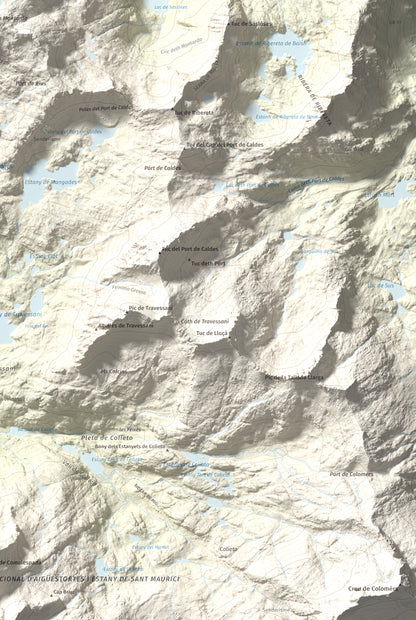 Mapa de relieve de Montardo, 2833 m, Val d'Aran, lámina 100 Cims de Trobart. Detalle de la zona inferior derecha. 61 × 91 cm.