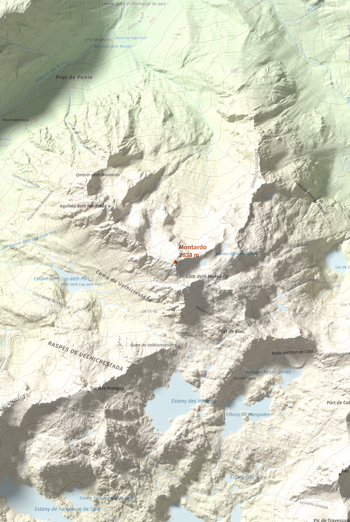 Mapa de relieve de Montardo, 2833 m, Val d'Aran, lámina 100 Cims de Trobart. Detalle de la zona central. 61 × 91 cm.