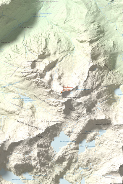 Mapa de relieve de Montardo, 2833 m, Val d'Aran, lámina 100 Cims de Trobart. Detalle de la zona central. 61 × 91 cm.