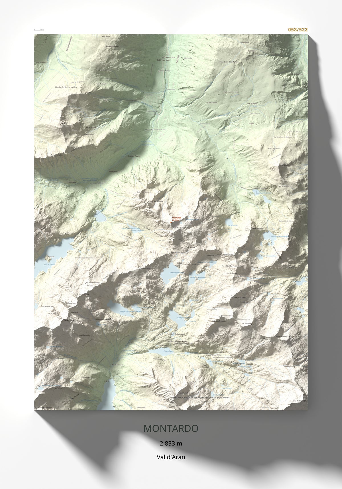 Mapa de relieve de Montardo, 2833 m, Val d'Aran, lámina 100 Cims de Trobart 70 × 100 cm.