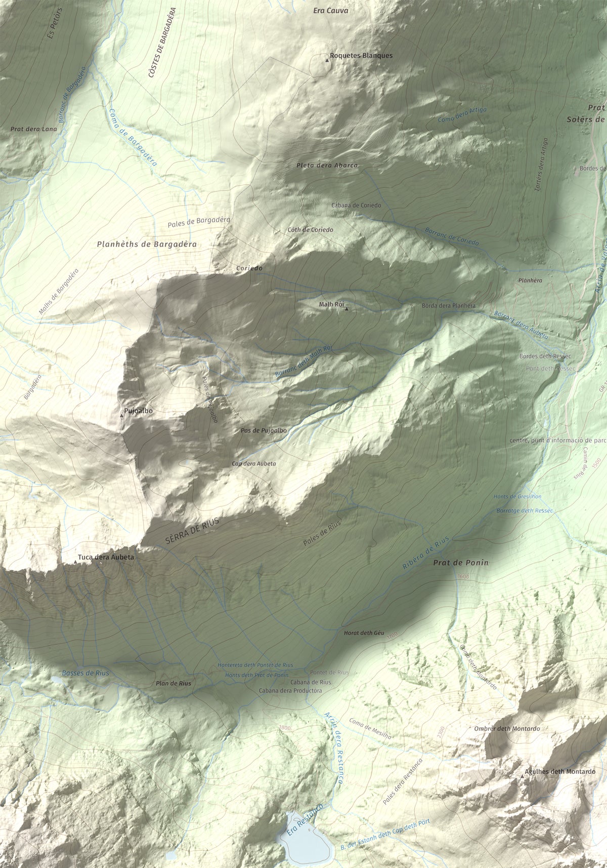 Mapa de relieve de Montardo, 2833 m, Val d'Aran, lámina 100 Cims de Trobart. Detalle de la zona superior izquierda. 70 × 100 cm.