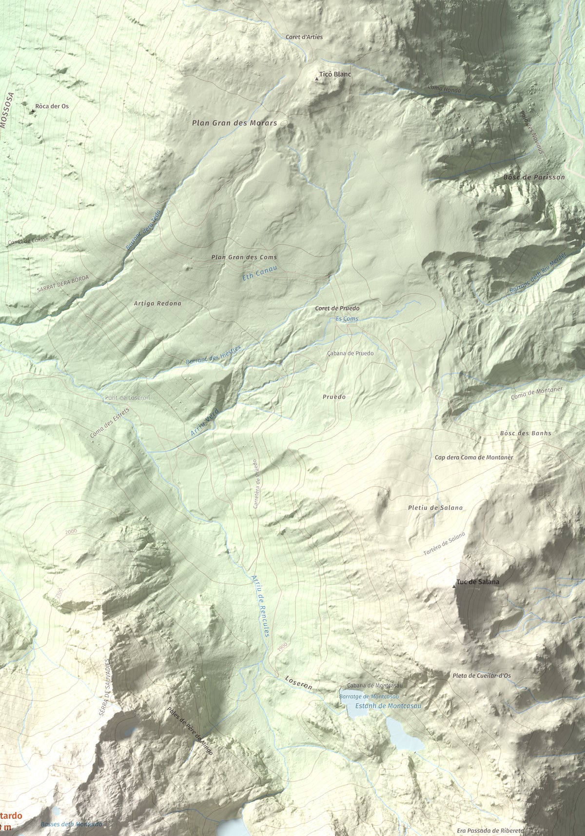 Mapa de relieve de Montardo, 2833 m, Val d'Aran, lámina 100 Cims de Trobart. Detalle de la zona superior derecha. 70 × 100 cm.