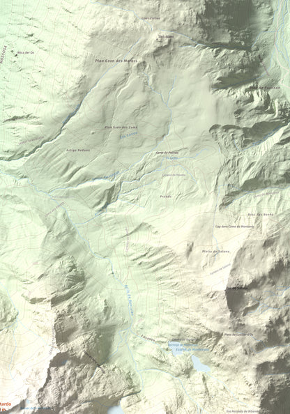 Mapa de relieve de Montardo, 2833 m, Val d'Aran, lámina 100 Cims de Trobart. Detalle de la zona superior derecha. 70 × 100 cm.