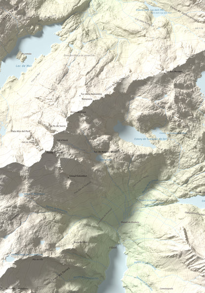 Mapa de relieve de Montardo, 2833 m, Val d'Aran, lámina 100 Cims de Trobart. Detalle de la zona inferior izquierda. 70 × 100 cm.