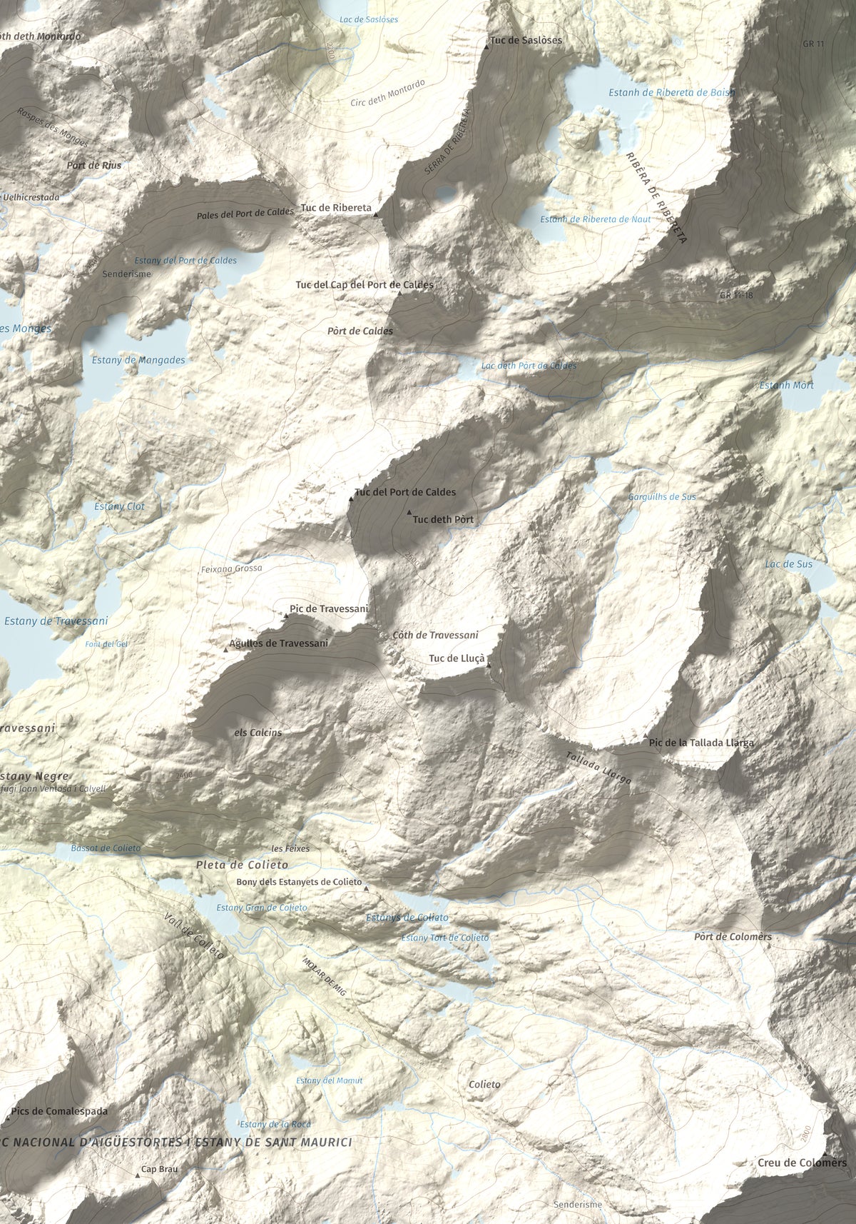 Mapa de relieve de Montardo, 2833 m, Val d'Aran, lámina 100 Cims de Trobart. Detalle de la zona inferior derecha. 70 × 100 cm.