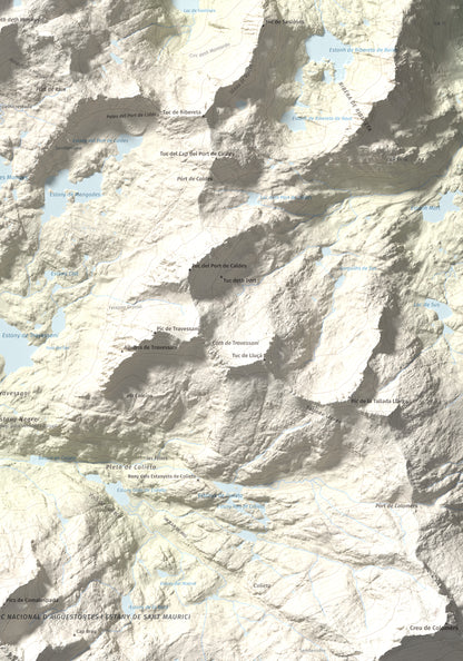 Mapa de relieve de Montardo, 2833 m, Val d'Aran, lámina 100 Cims de Trobart. Detalle de la zona inferior derecha. 70 × 100 cm.