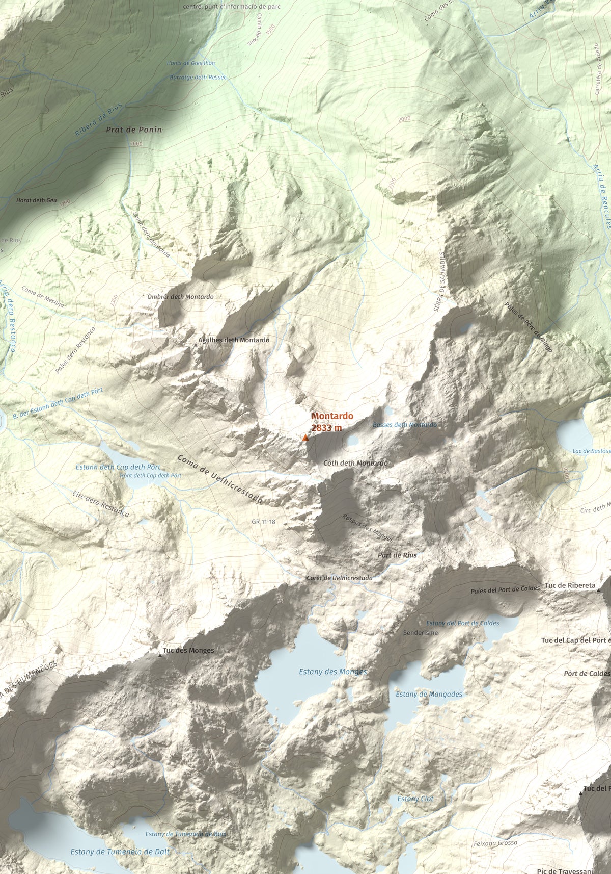 Mapa de relieve de Montardo, 2833 m, Val d'Aran, lámina 100 Cims de Trobart. Detalle de la zona central. 70 × 100 cm.