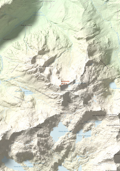 Mapa de relieve de Montardo, 2833 m, Val d'Aran, lámina 100 Cims de Trobart. Detalle de la zona central. 70 × 100 cm.