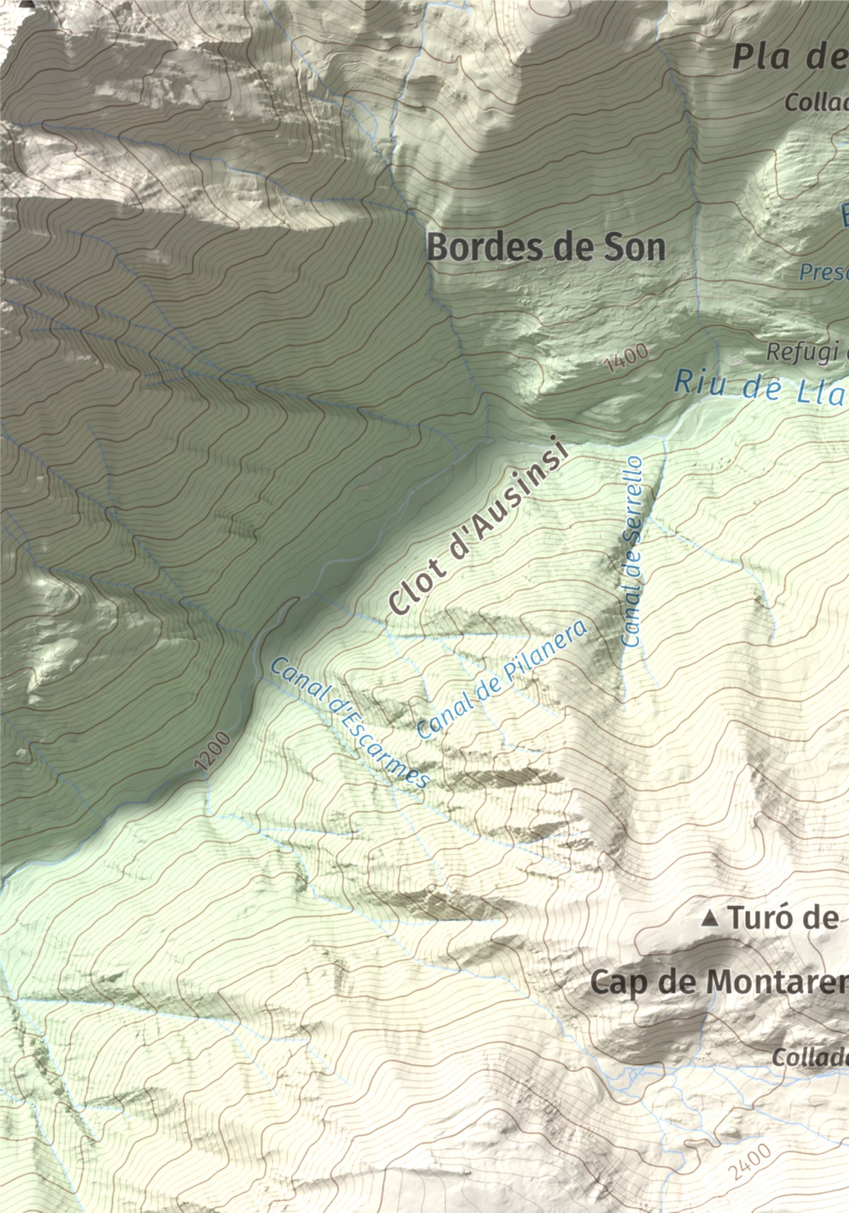 Mapa de relieve de Montarenyo de Boldís, 2593 m, Pallars Sobirà, lámina 100 Cims de Trobart. Detalle de la zona superior izquierda. 21 × 30 cm.