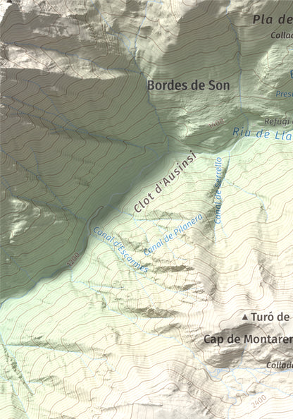 Mapa de relieve de Montarenyo de Boldís, 2593 m, Pallars Sobirà, lámina 100 Cims de Trobart. Detalle de la zona superior izquierda. 21 × 30 cm.