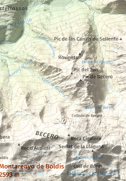 Mapa de relieve de Montarenyo de Boldís, 2593 m, Pallars Sobirà, lámina 100 Cims de Trobart. Detalle de la zona superior derecha. 21 × 30 cm.