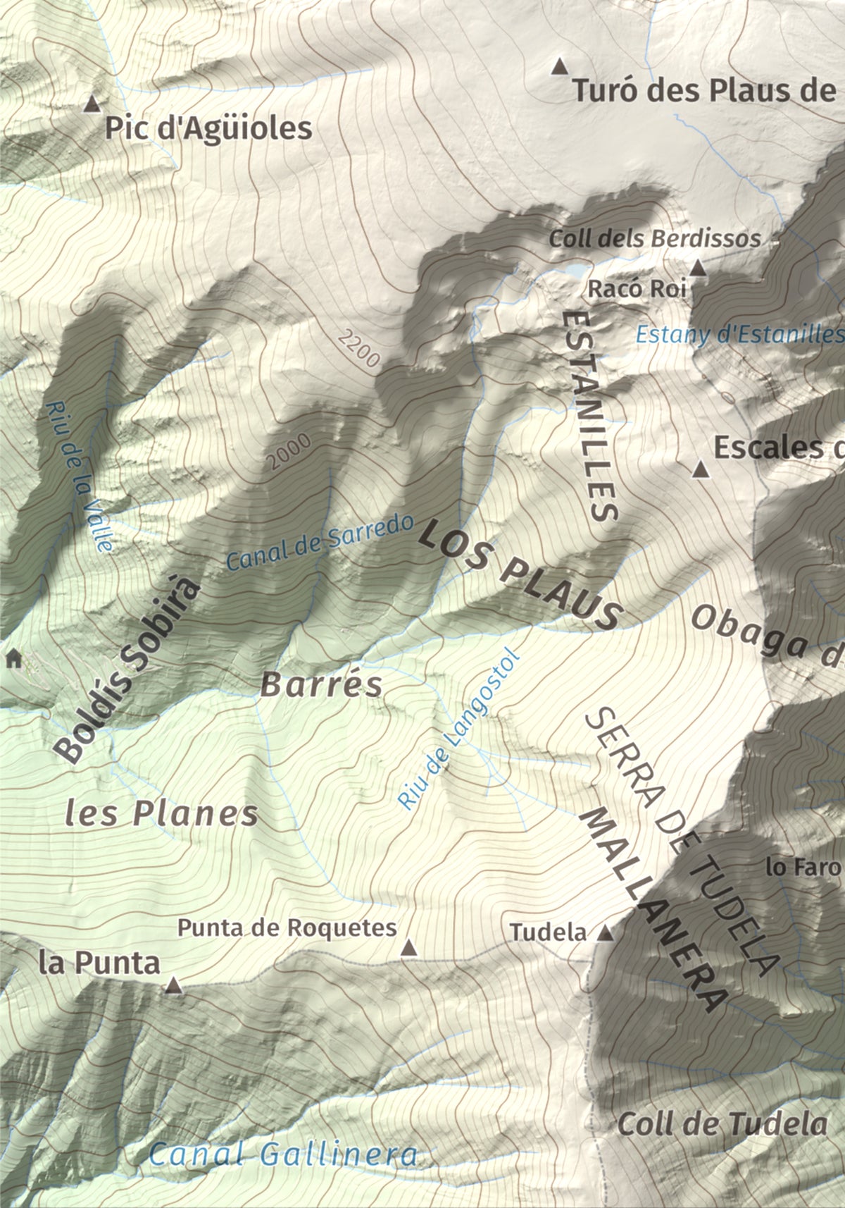 Mapa de relieve de Montarenyo de Boldís, 2593 m, Pallars Sobirà, lámina 100 Cims de Trobart. Detalle de la zona inferior izquierda. 21 × 30 cm.