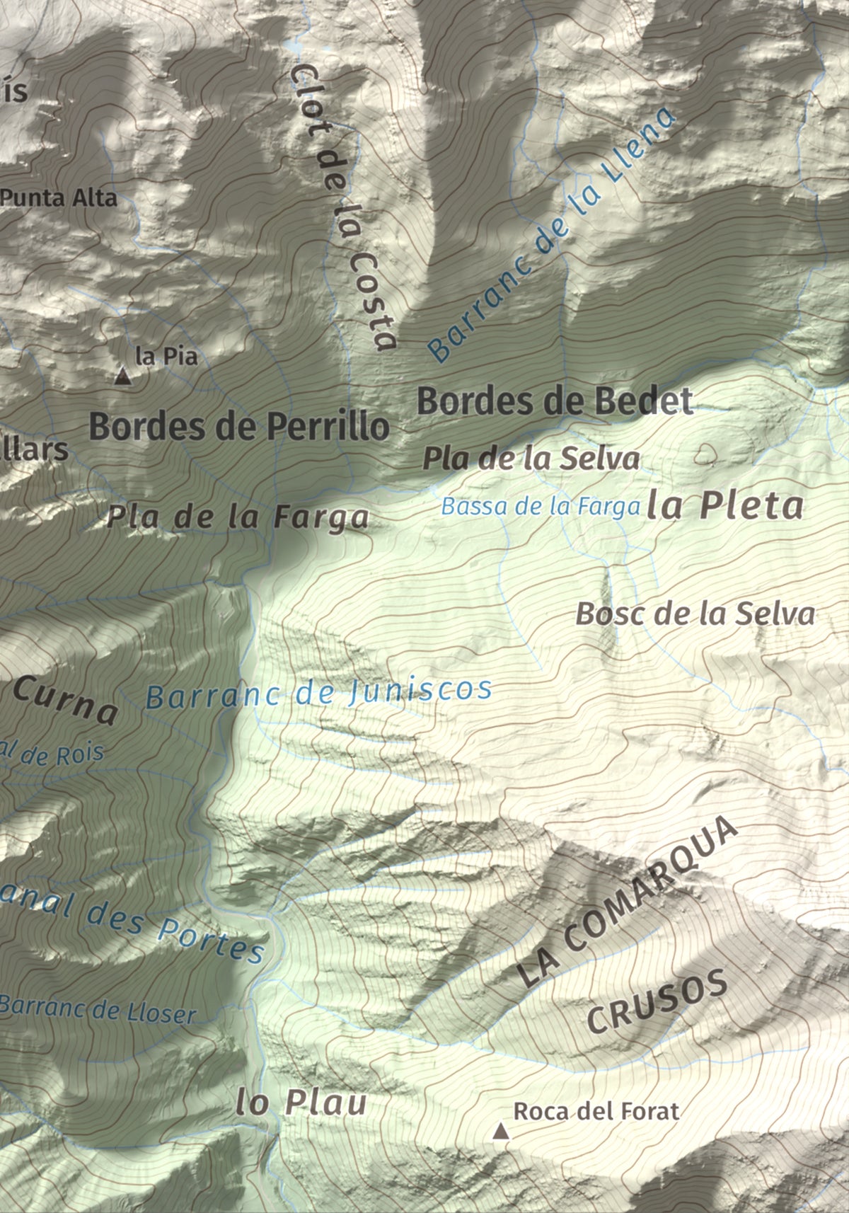 Mapa de relieve de Montarenyo de Boldís, 2593 m, Pallars Sobirà, lámina 100 Cims de Trobart. Detalle de la zona inferior derecha. 21 × 30 cm.