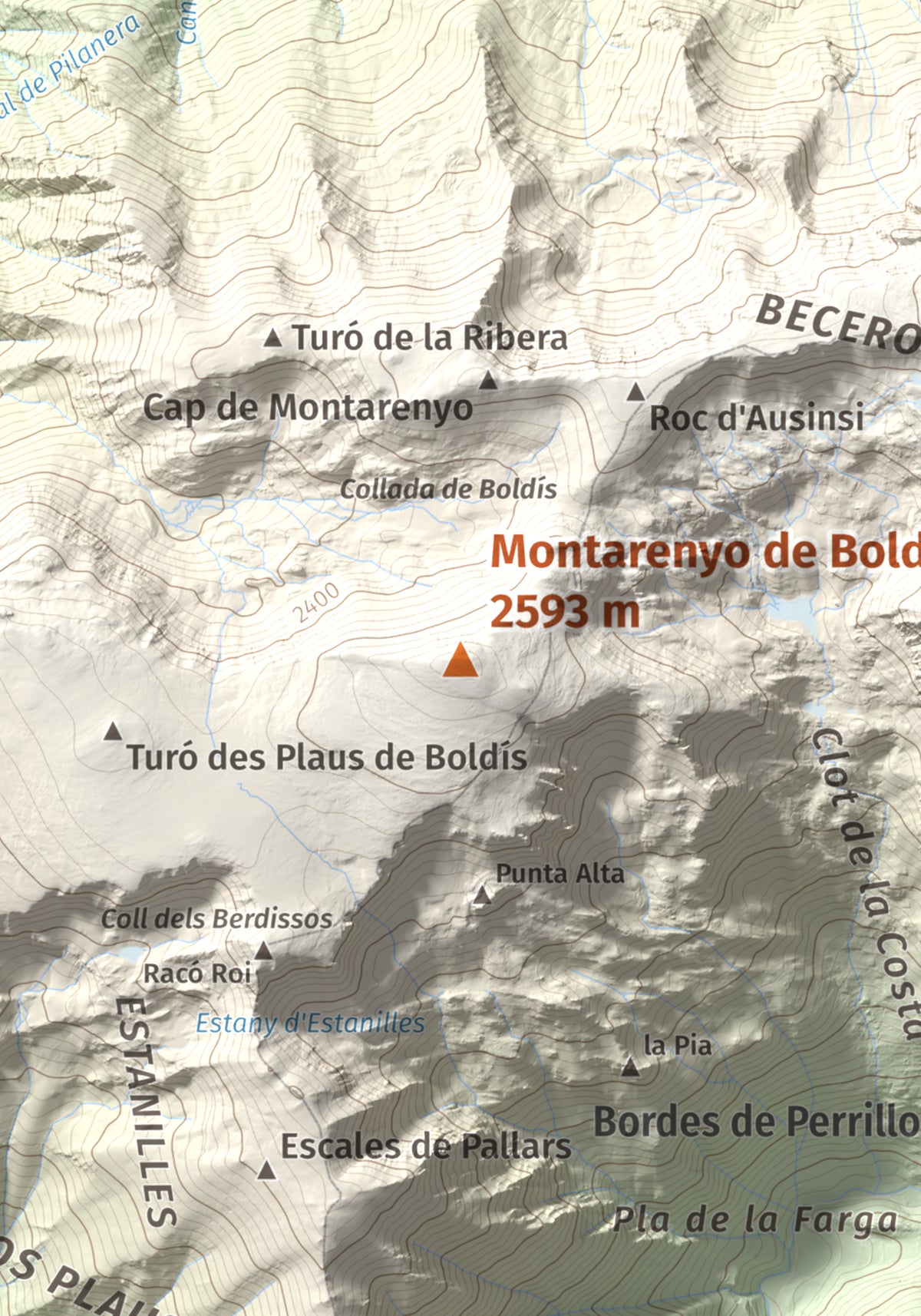 Mapa de relieve de Montarenyo de Boldís, 2593 m, Pallars Sobirà, lámina 100 Cims de Trobart. Detalle de la zona central. 21 × 30 cm.